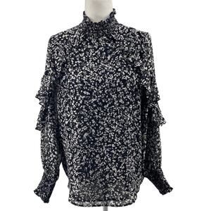 Calvin Klein Small Floral Mock Neck Ruffle Sleeve Blouse Black White